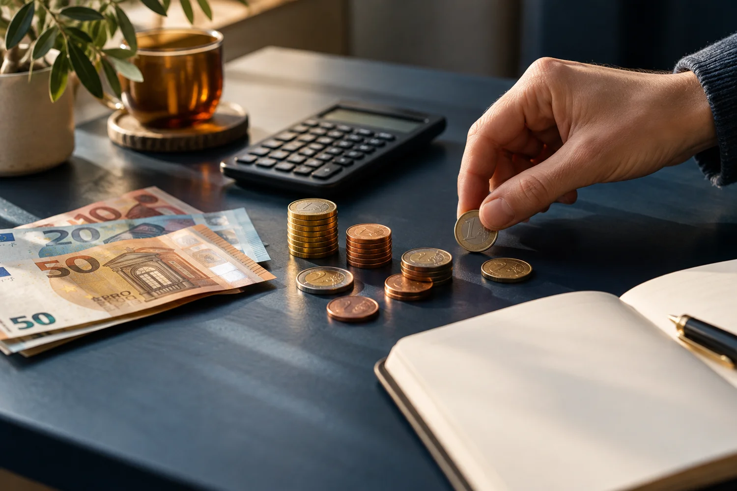 Illustration de pièces et billets en euros, avec un carnet et une calculatrice